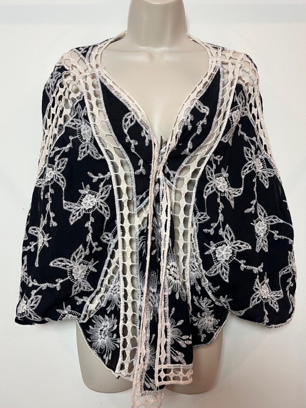Ember Black Embroidered Crochet Open Kimono Bohemian Beach Hippie Large Festival